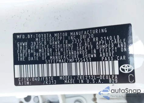 2021 Toyota Corolla Le z USA, uszkodzony, nr VIN 5YFEPMAE7MP155451